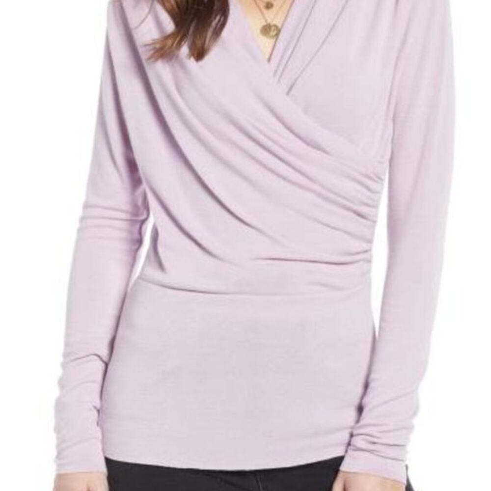 Something Navy Sweater Draped Faux Wrap Lavender Soft Fall Spring Purple Size L
